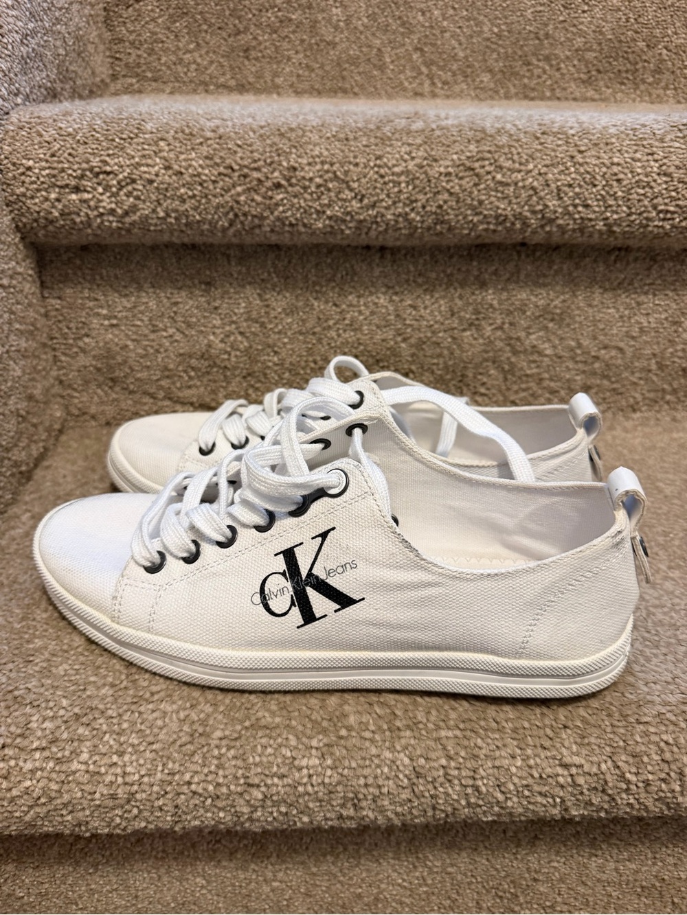 Calvin Klein White Canvas Low-Top Sneakers with Black Logo